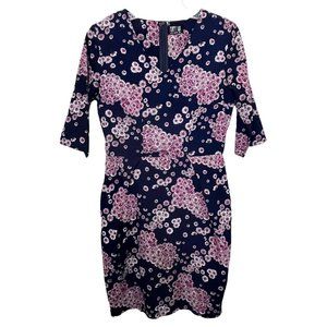 Poppy Lux Women's Dress Sheath Navy Blue Floral Scoop Neck Zip Back Pleated Sz 4